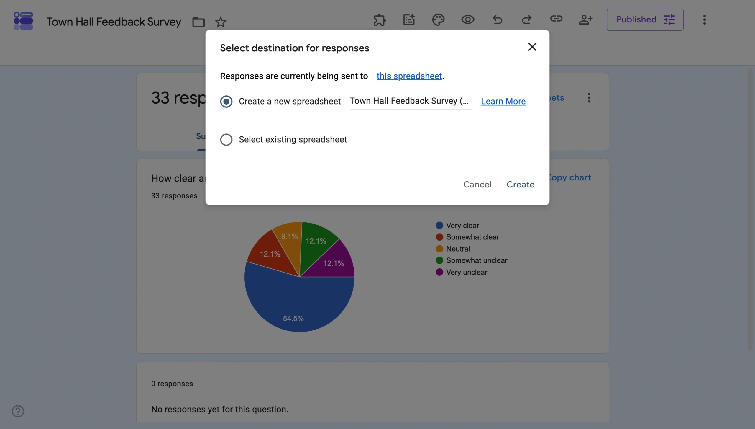 Google Forms dialog for choosing a spreadsheet to store responses