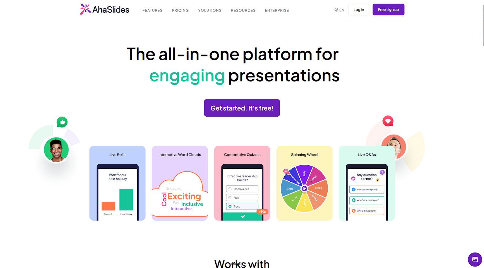 Screenshot of the AhaSlides landing page, showing a headline "The all-in-one platform for engaging presentations"