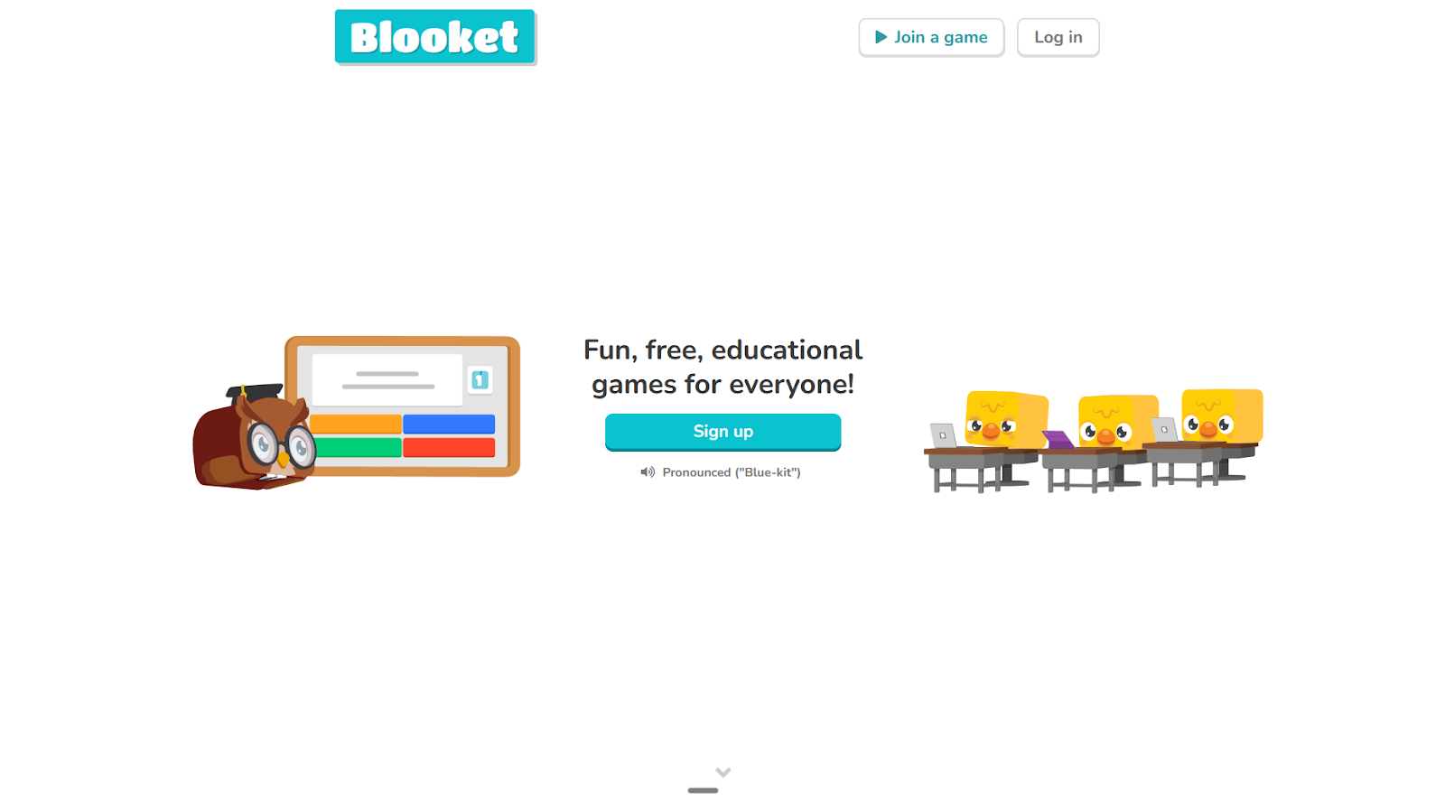 Screenshot of the Blooket landing page, showing a headline "Fun, free, educational games for everyone!"