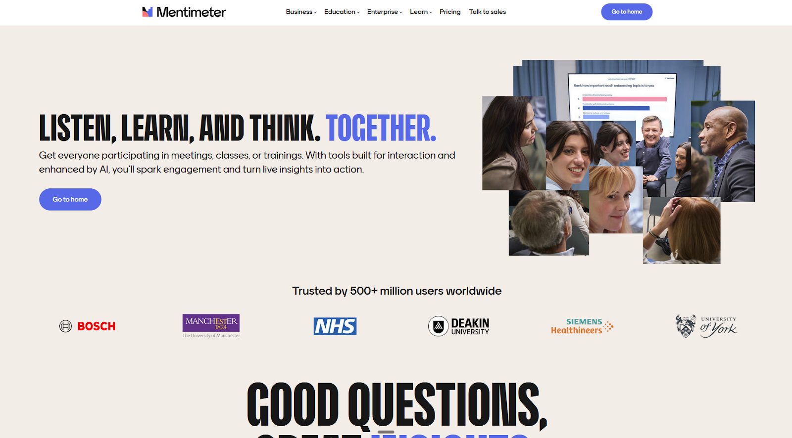Screenshot of the Mentimeter landing page, showing a headline "Listen, learn, and think