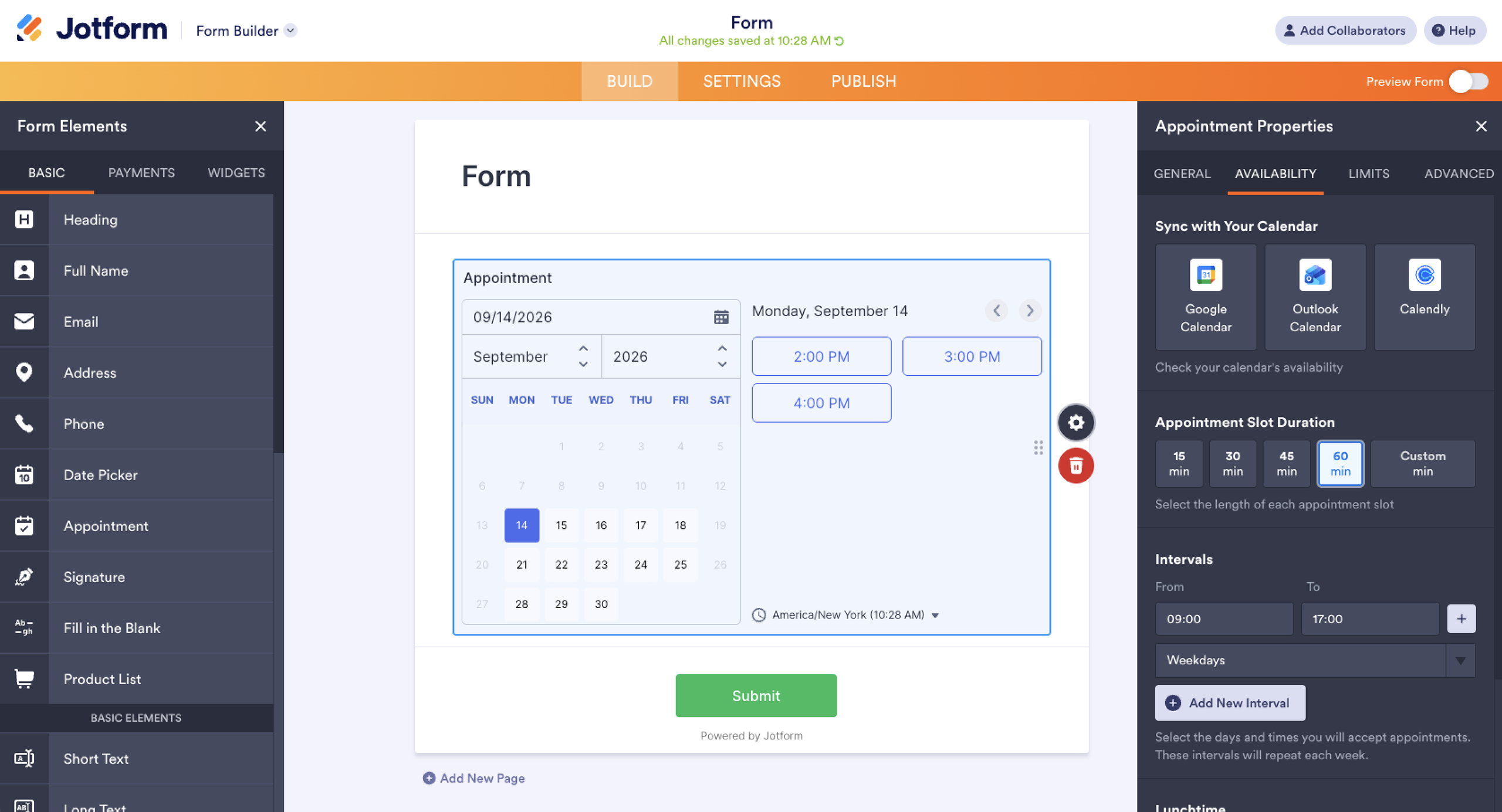Jotform Form Builder interface showing the "Appointment Properties" menu