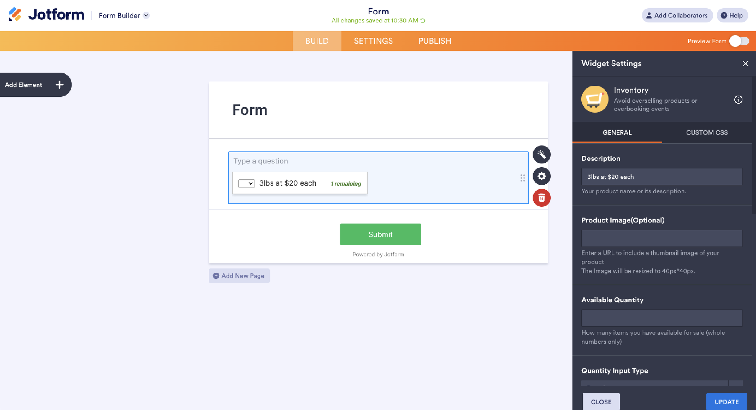 Jotform Form Builder interface showing the "Widget Settings" menu for inventory