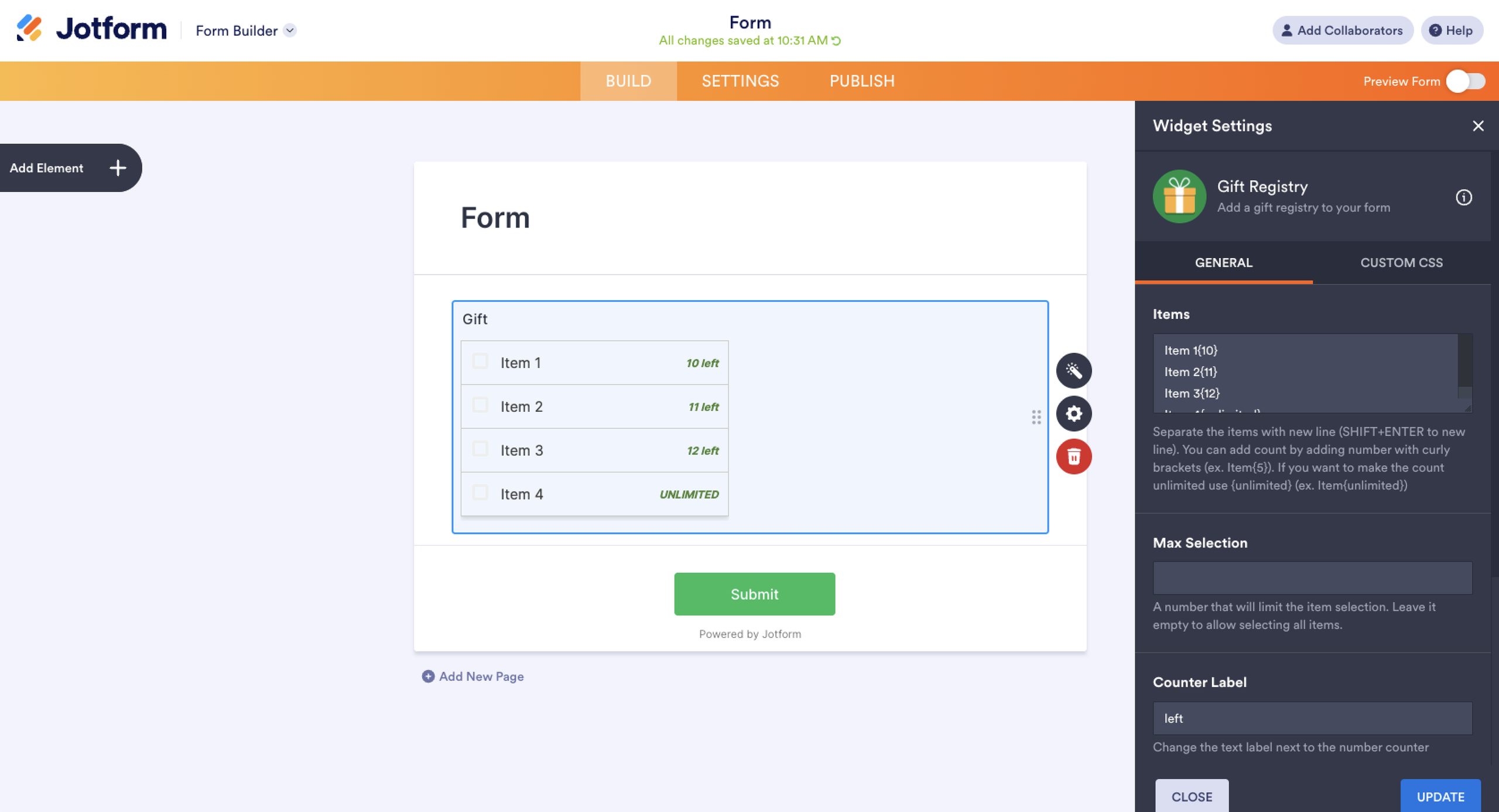 Jotform Form Builder interface showing the "Widget Settings" menu for gift registry