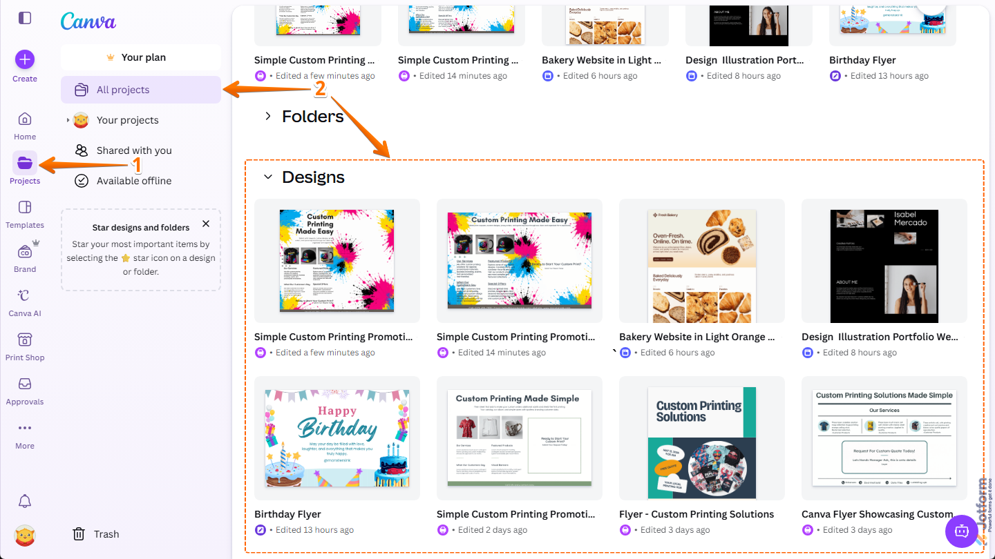 Designs in the Designs section under All Projects tab of Projects in Canva