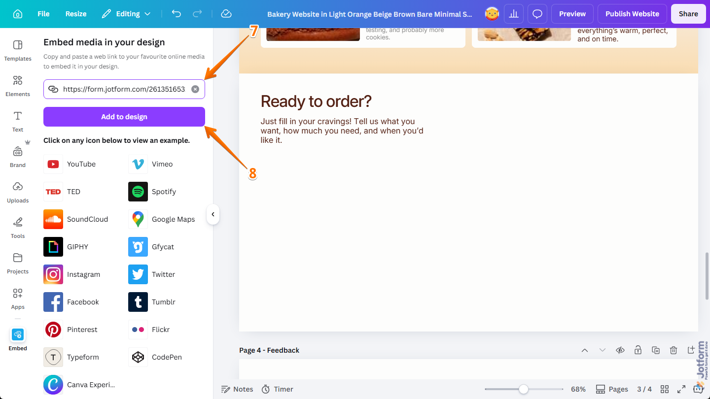 Jotform Form URL in the Embed App in Canva Design Editor