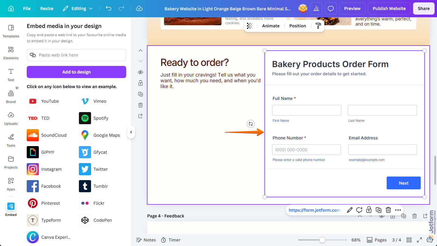 Embed Jotform form in a Canva Website in Canva Design Editor