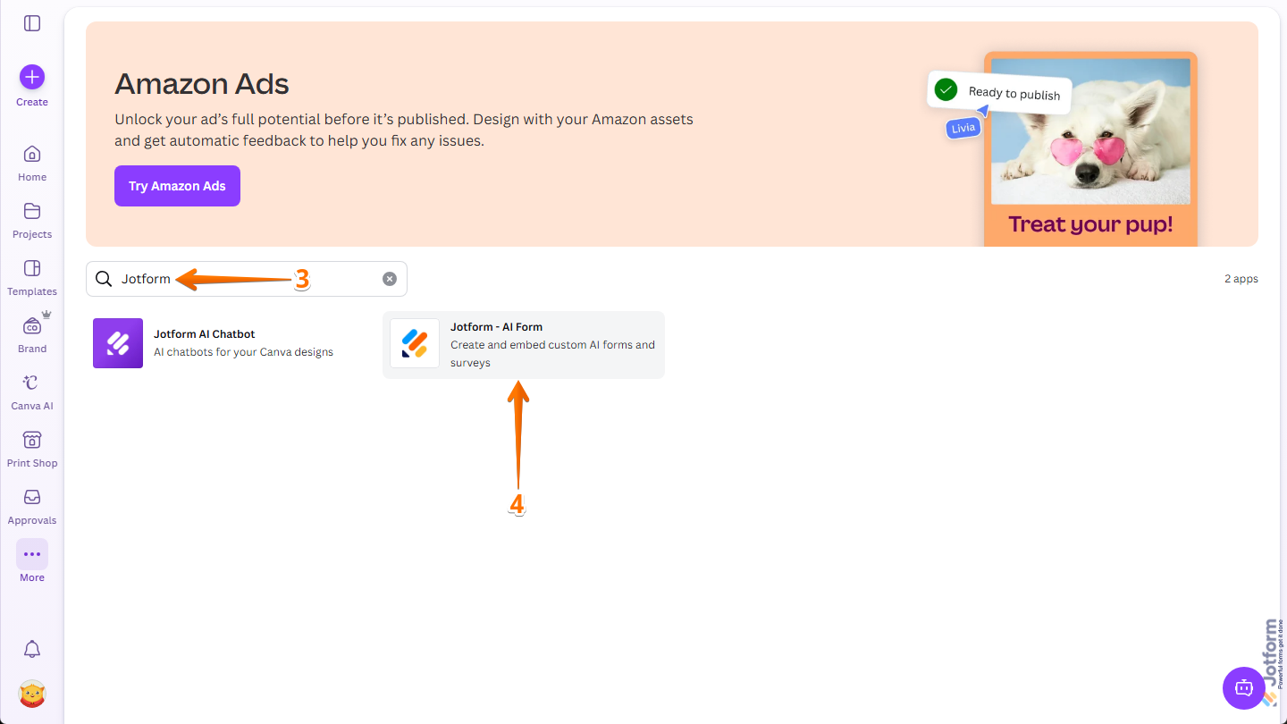 Jotform AI Form app on the Apps page in Canva