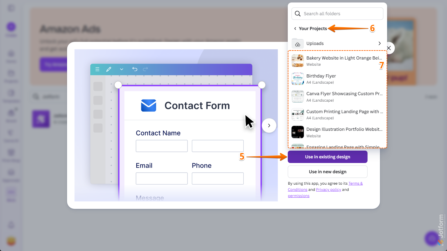 Use in Existing Design options in the Jotform Canva App window on the Apps page in Canva