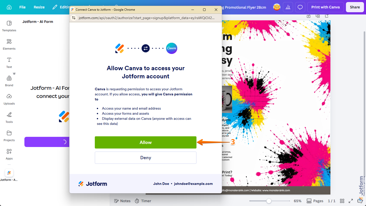 Allow Canva Access window of the Jotform Canva App in Canva Design Editor in Canva