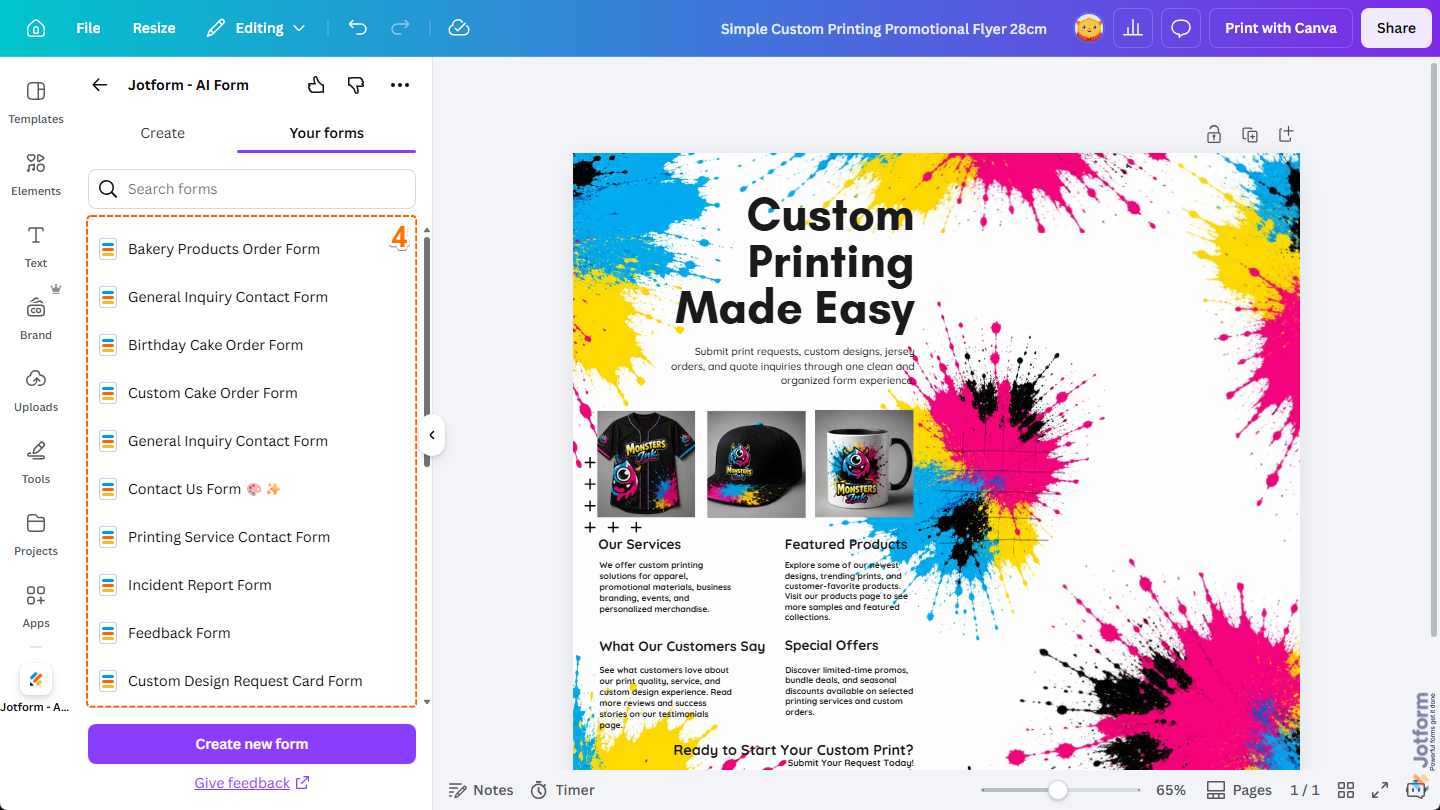 Existing Jotform forms of an account under the Your Forms tab of the Jotform Canva App in Canva Design Editor in Canva