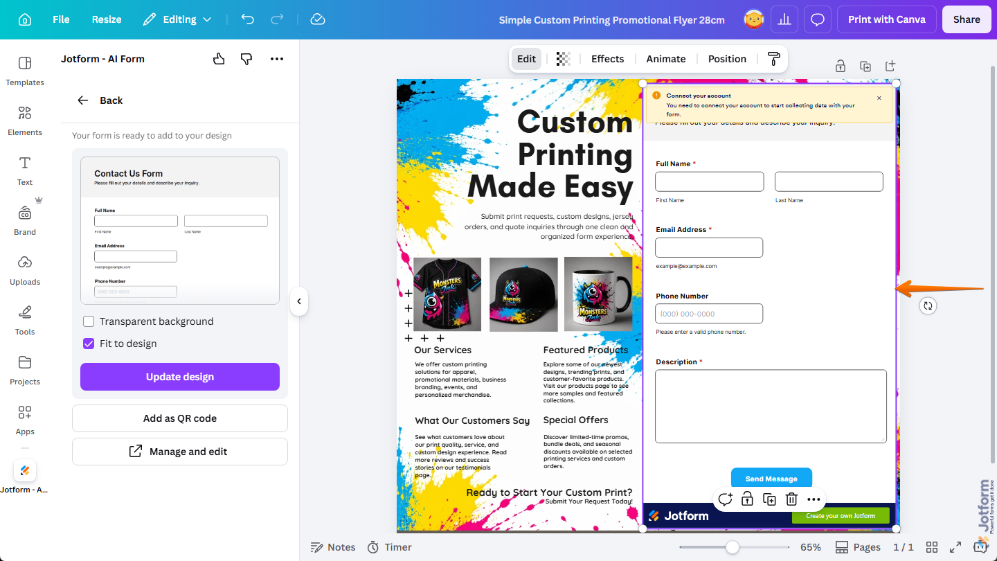 AI-generated Jotform form in a design in Canva Design Editor in Canva