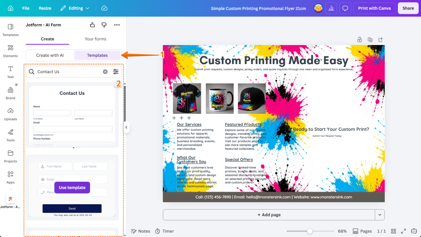 Jotform form templates of the Templates option under the Create tab of the Jotform Canva App in Canva Design Editor in Canva