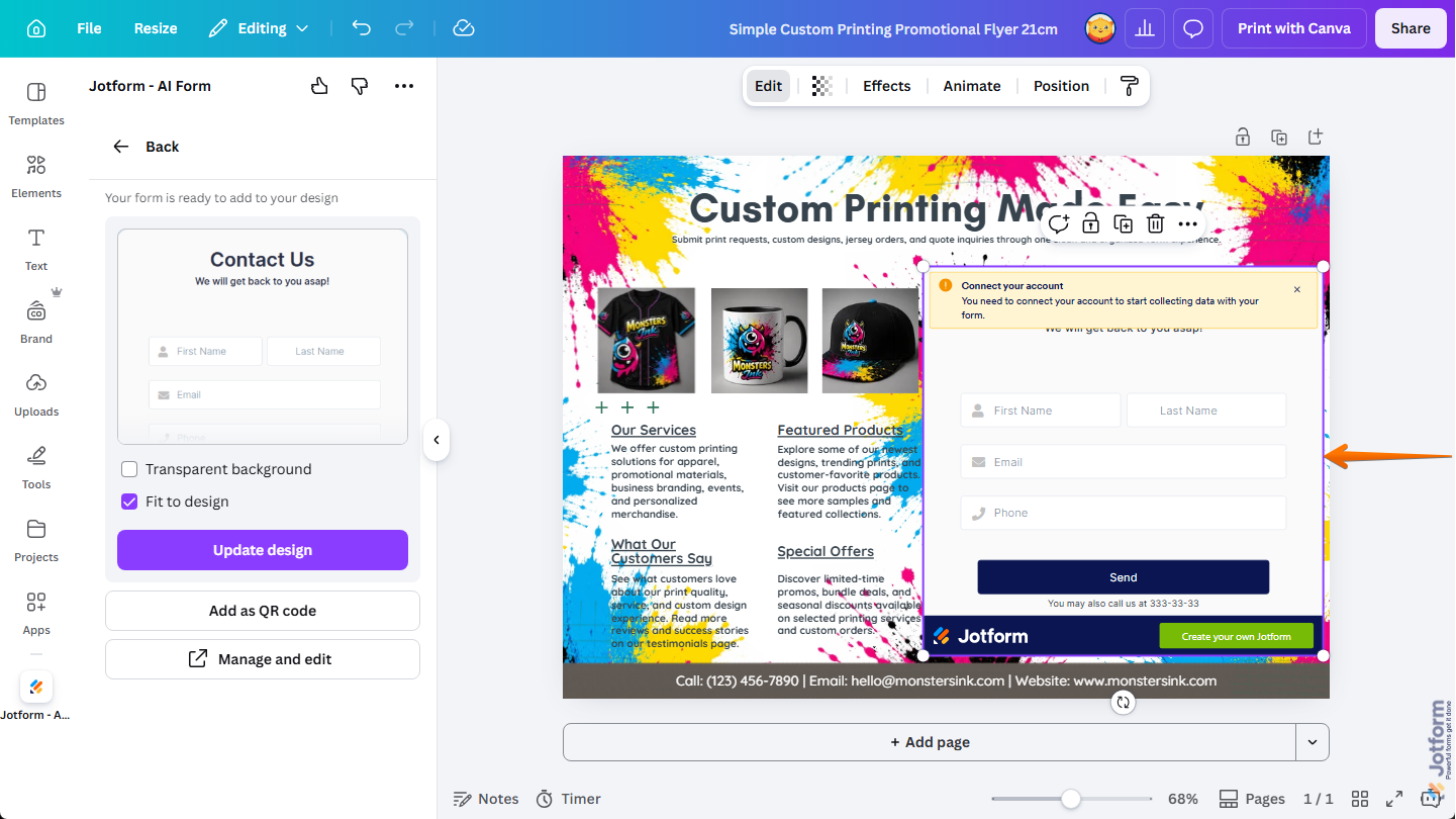 Template-based created Jotform form in a design in Canva Design Editor in Canva