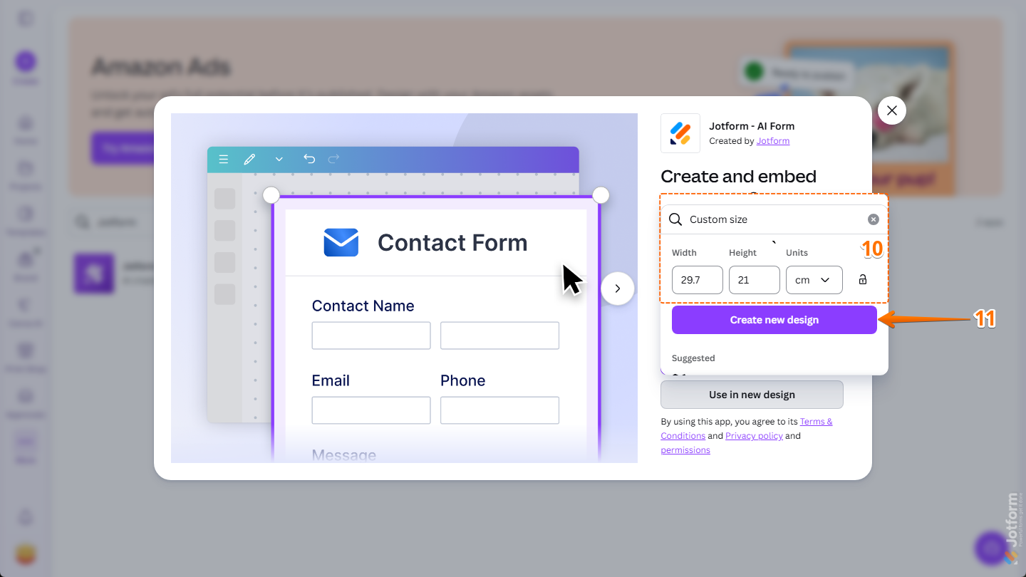 Create New Design button of the Custom Size option in the Jotform Canva App window on the Apps page in Canva