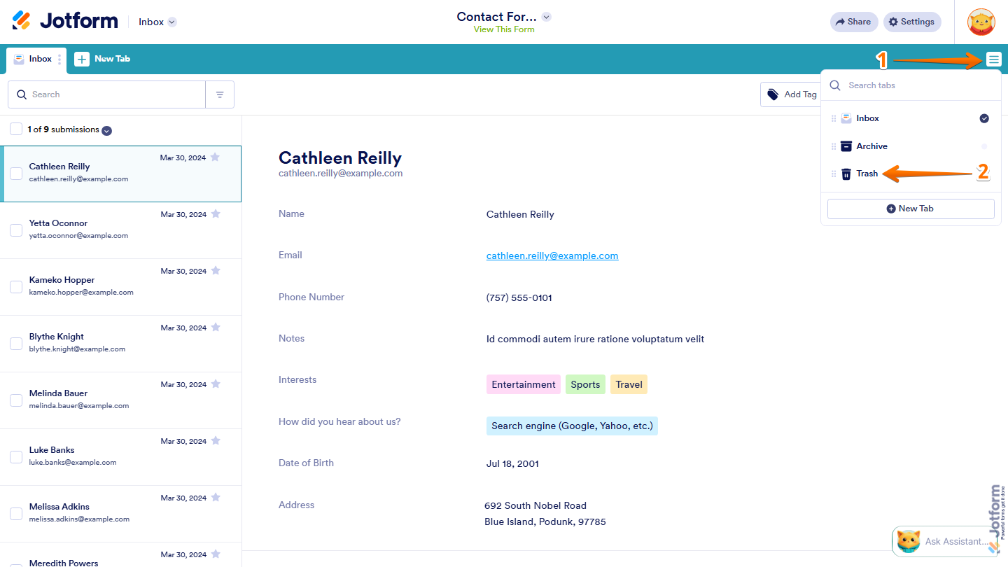 Jotform Inbox showing Three Lines menu with Trash option in Jotform