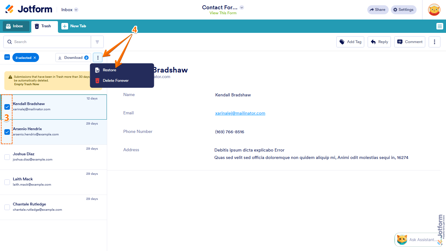 Jotform Inbox Trash tab showing selected submissions and Restore option in Jotform