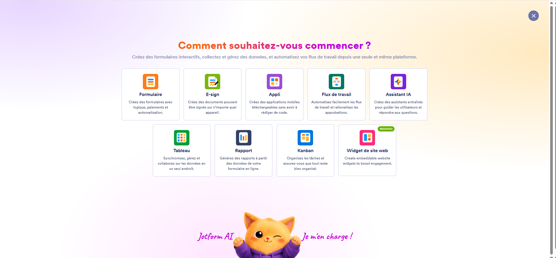 Capture d'écran de l'interface du générateur de formulaires Jotform avec la page Comment souhaitez-cous commencer ?