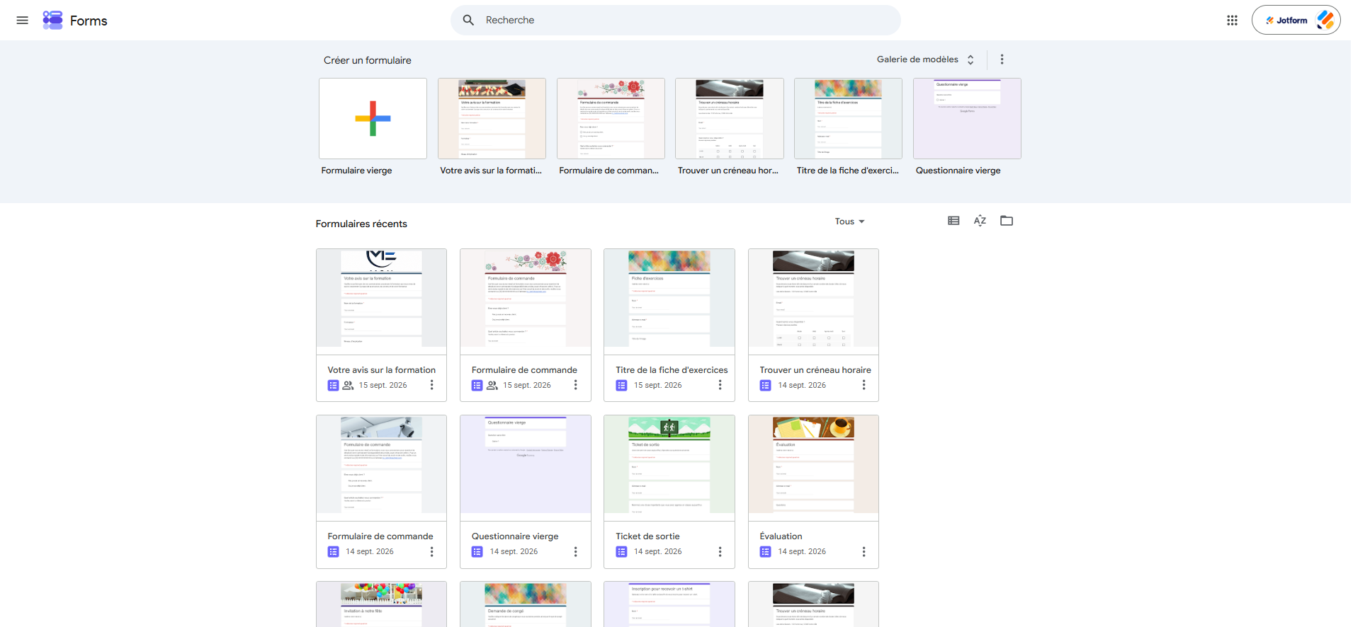 Capture d'écran de l'interface Google Forms