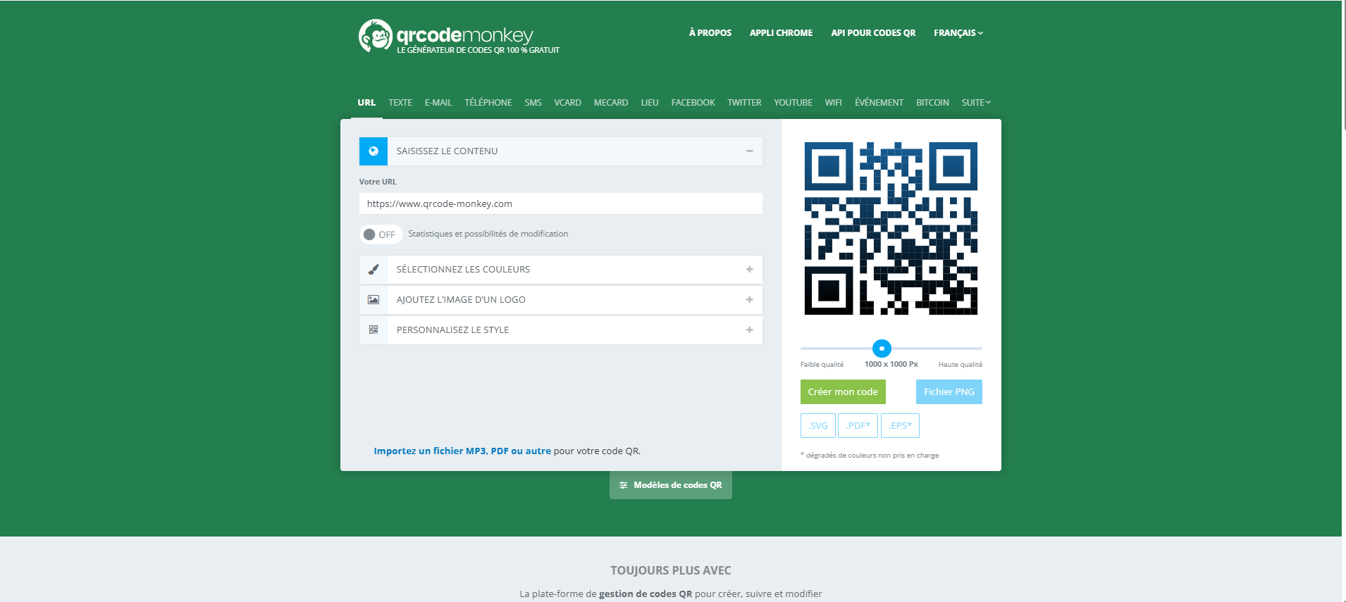 Capture d'écran de la page d'accueil du site français de QRCode Monkey