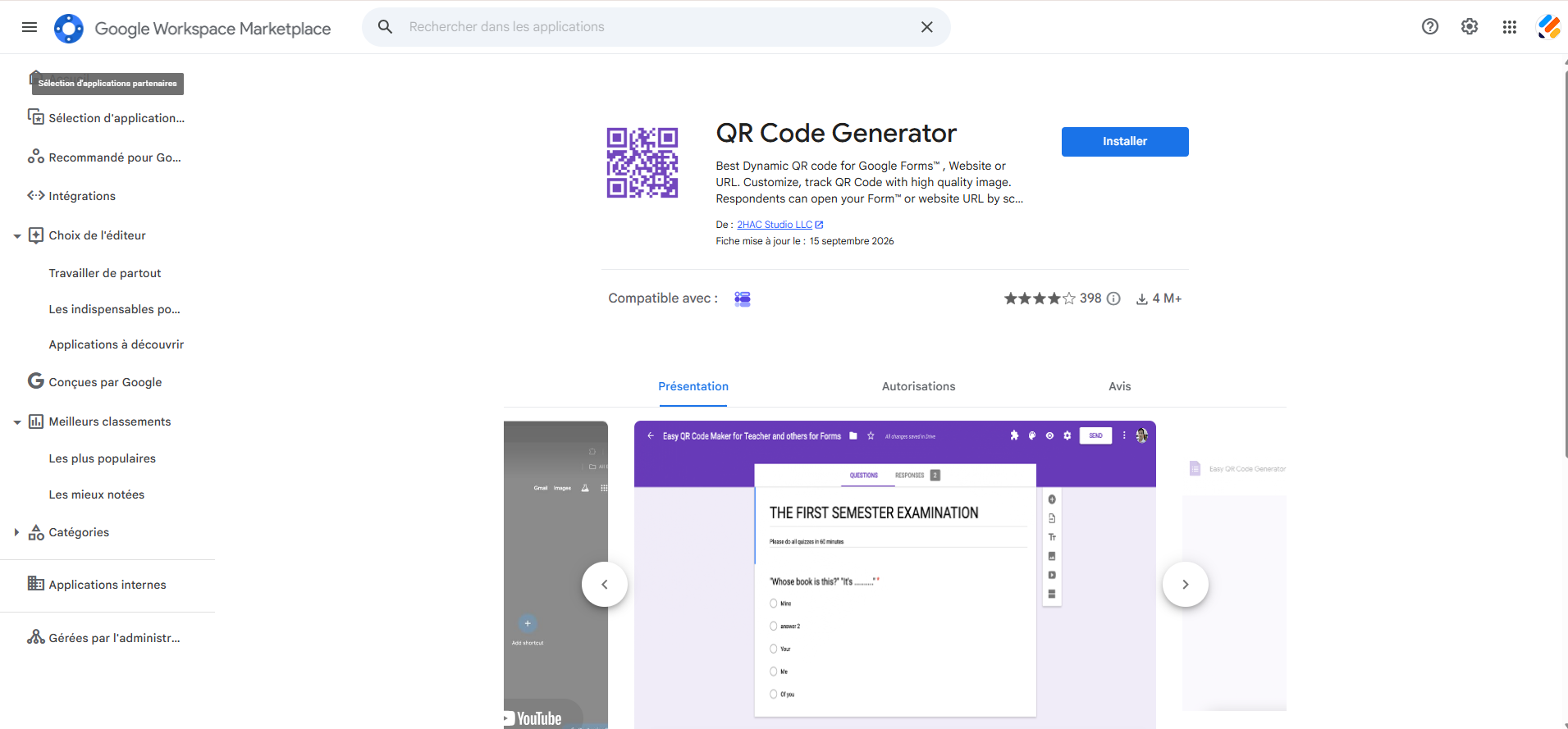 Capture d'écran de la page d'accueil de QR Code Generator sur la Marketplace de Google Workspace