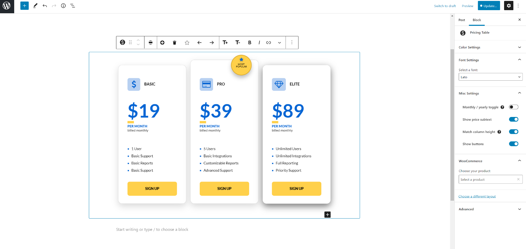 screenshot of easy pricing tables