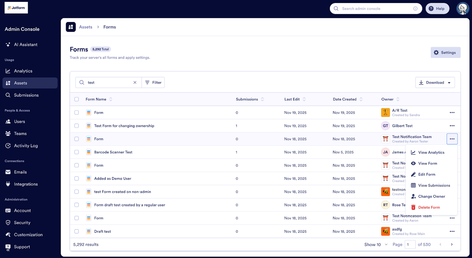 Clicking on the three dots next to a form on the Assets tab on the Admin Console
