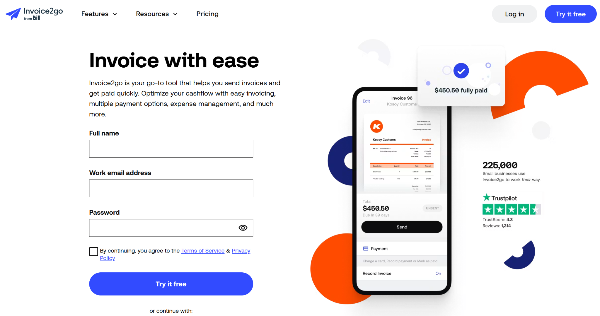 Invoice2go Landing PAge