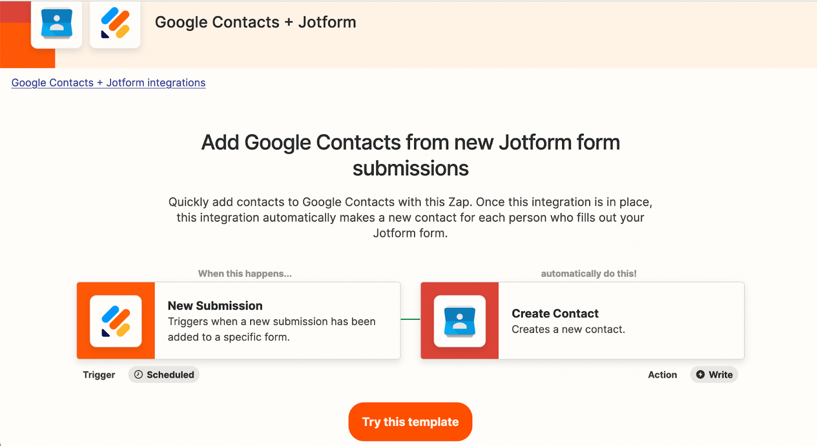 Jotform and Google integration page on Zapier