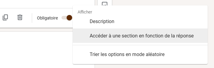 Capture d'écran du menu des paramètres de la question du formulaire Google Forms avec l'option Accéder à une section en fonction de la réponse mise en évidence