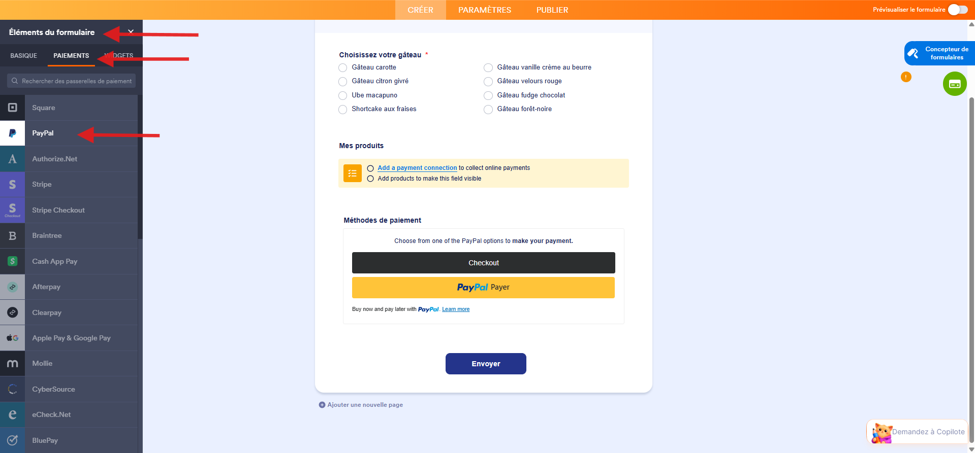 Capture d'écran d'un élément PayPal dans l'interface du Générateur de formulaires Jotform avec une flèche pointant vers le volet Éléments du formulaire, une autre vers l'onglet Paiements et une troisième vers PayPal