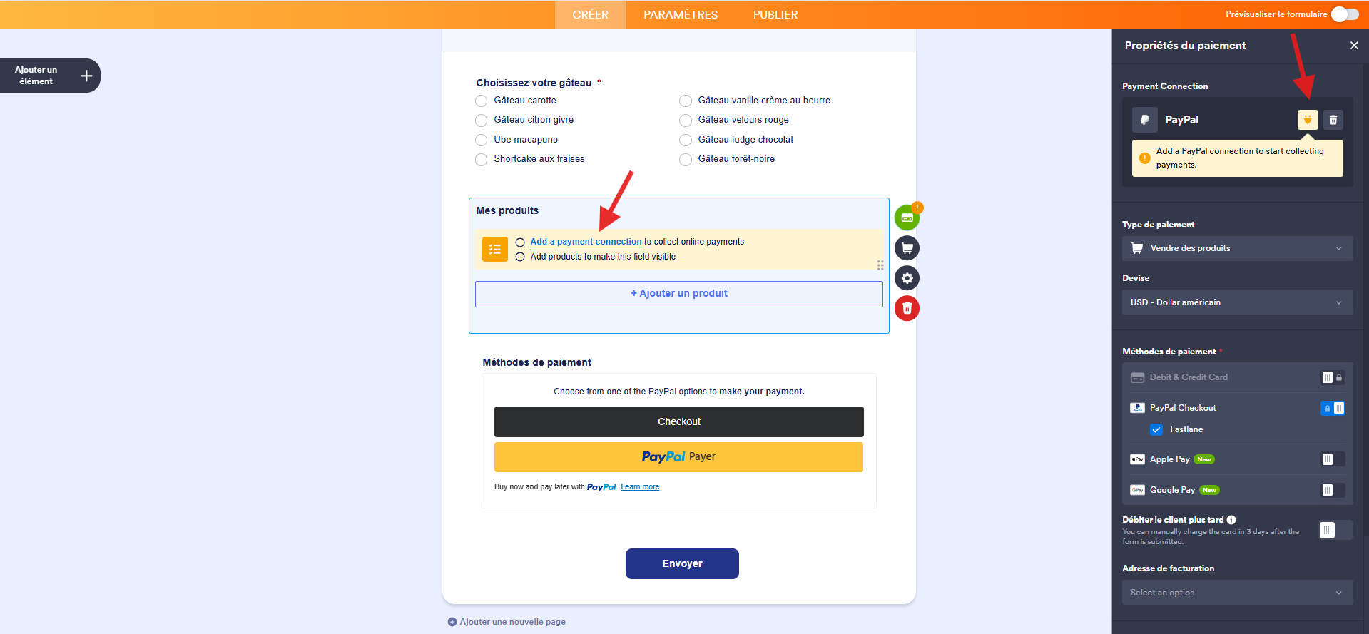 Capture d'écran de l'élément PayPal dans le Générateur de formulaires Jotform avec une flèche pointant vers Ajouter une connexion de paiement dans l'élément et une autre dans le volet Propriétés du paiement à droite