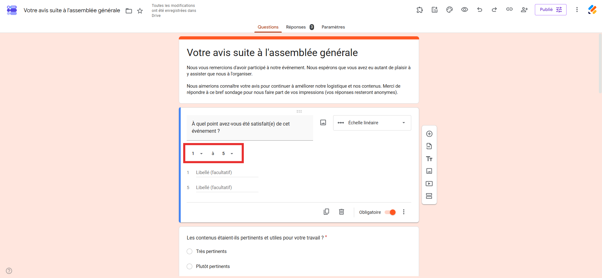 Capture d'écran d'un formulaire dans Google Forms avec une question à échelle linéaire et un encadré autour de la plage sélectionnée de 1 à 5