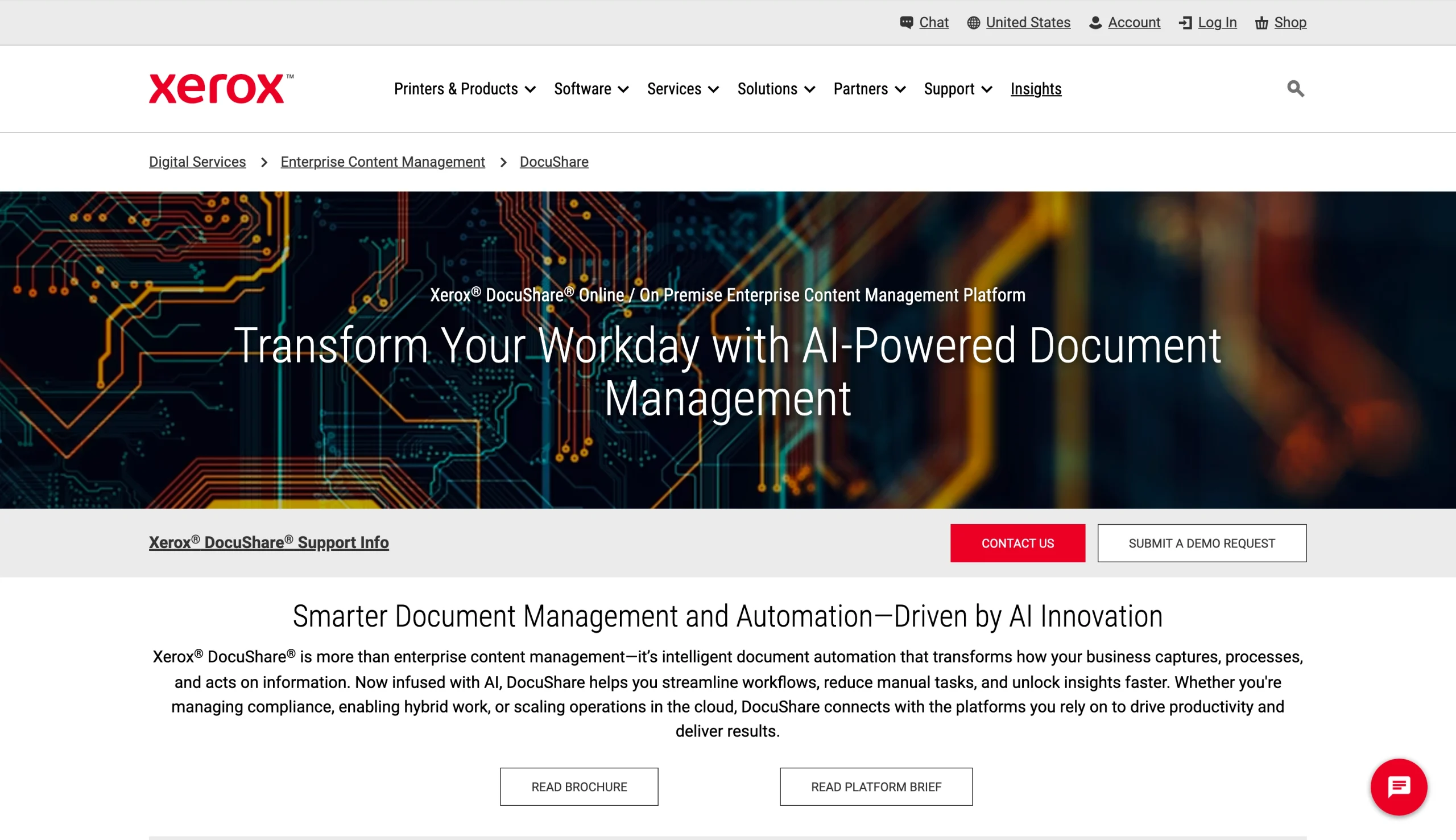 Screenshot of the Xerox DocuShare landing page, showing a headline "Transform Your Workday with AI-Powered Document Management"