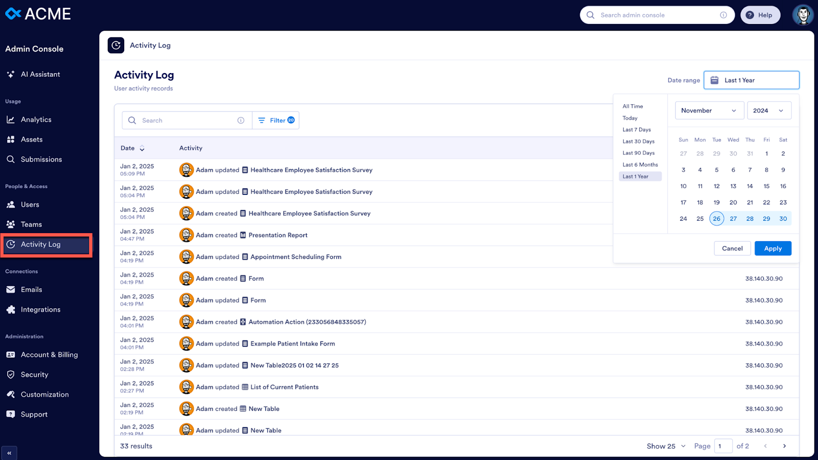 Clicking on the Activity Log tab under the Admin Console