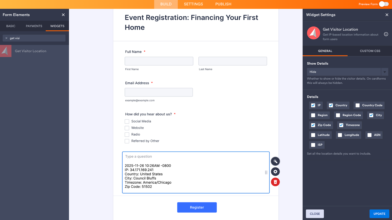 Adding the Get Visitor Location widget on the Jotform Form Builder