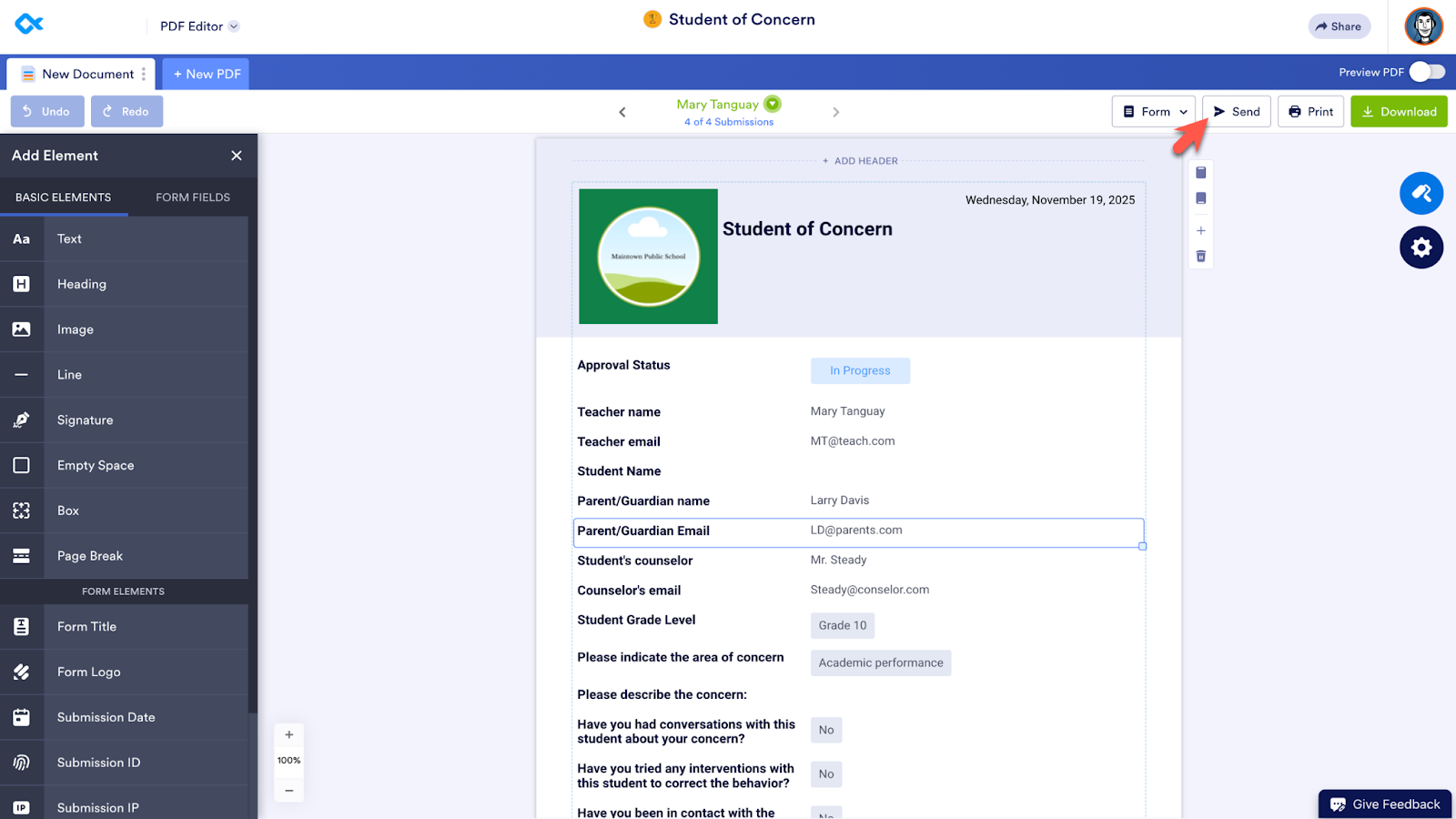 Viewing the Student of Concern PDF on the Jotform PDF Editor