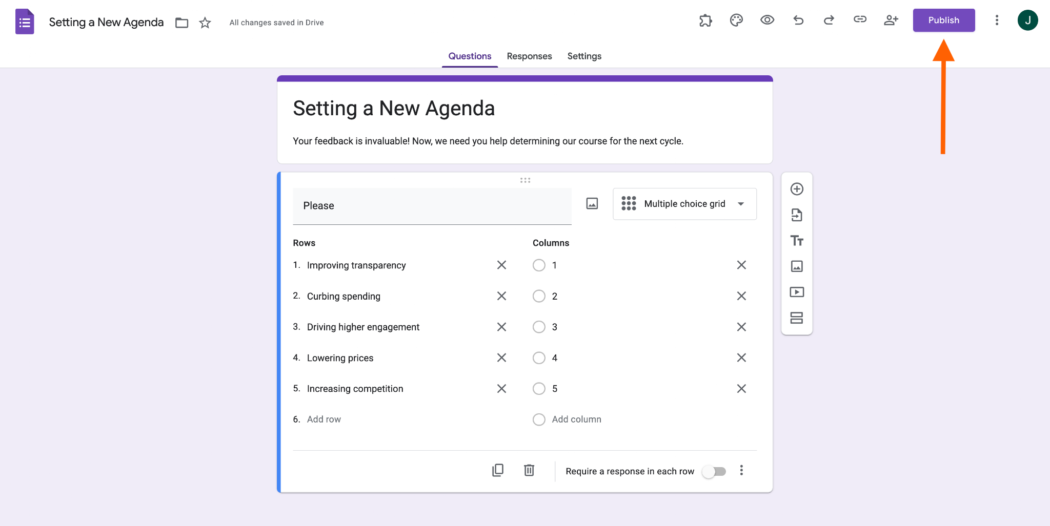 Google Forms Publish Form Button