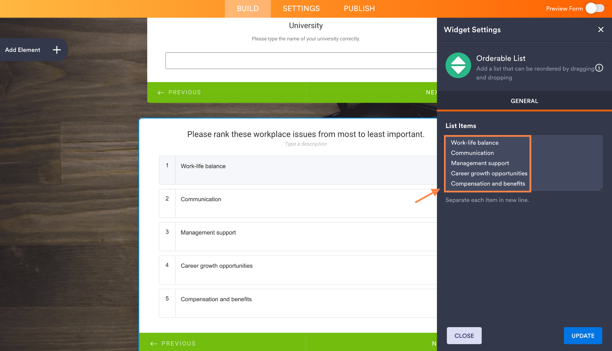 Jotform Form Builder Orderable List Widget Settings Page List Items Box