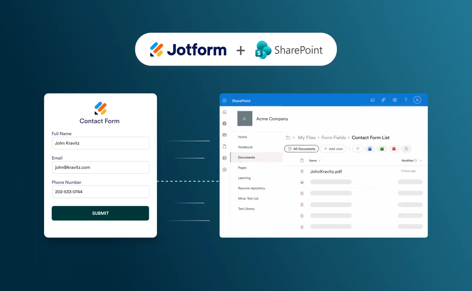 Jotform and SharePoint integration illustration showing contact form submissions saved as PDF files in SharePoint