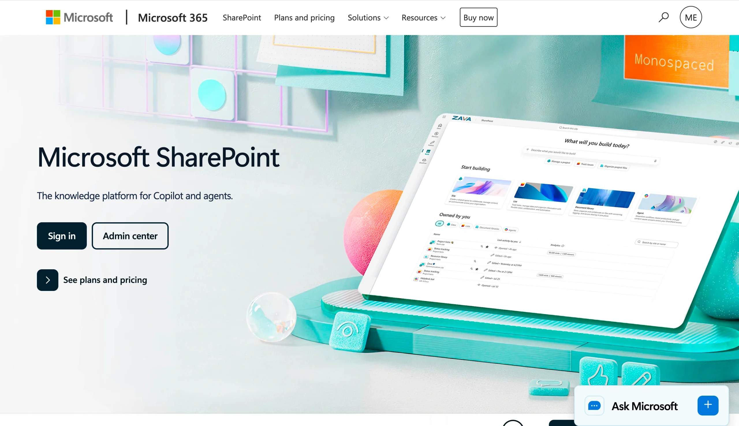 Screenshot of the Microsoft SharePoint landing page