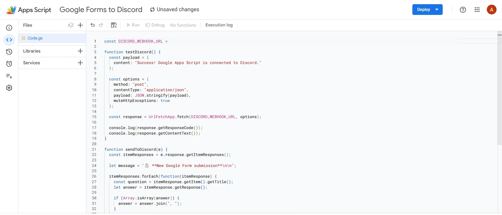Apps Script interface showing the Google Forms to Discord code pasted into the editor