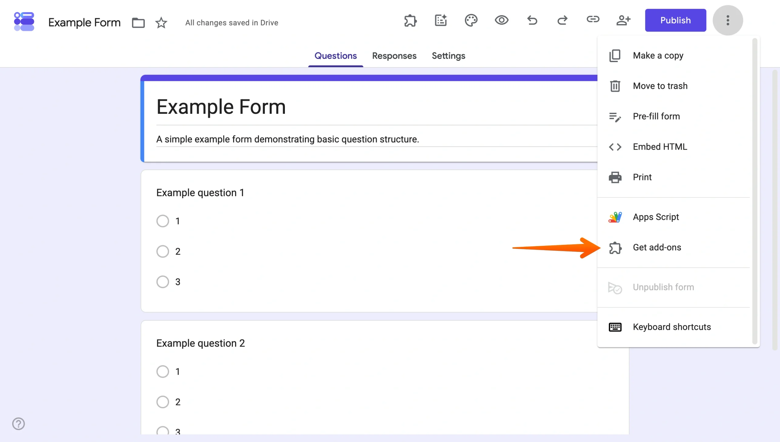 Clicking on Get add-ons option on Google Forms