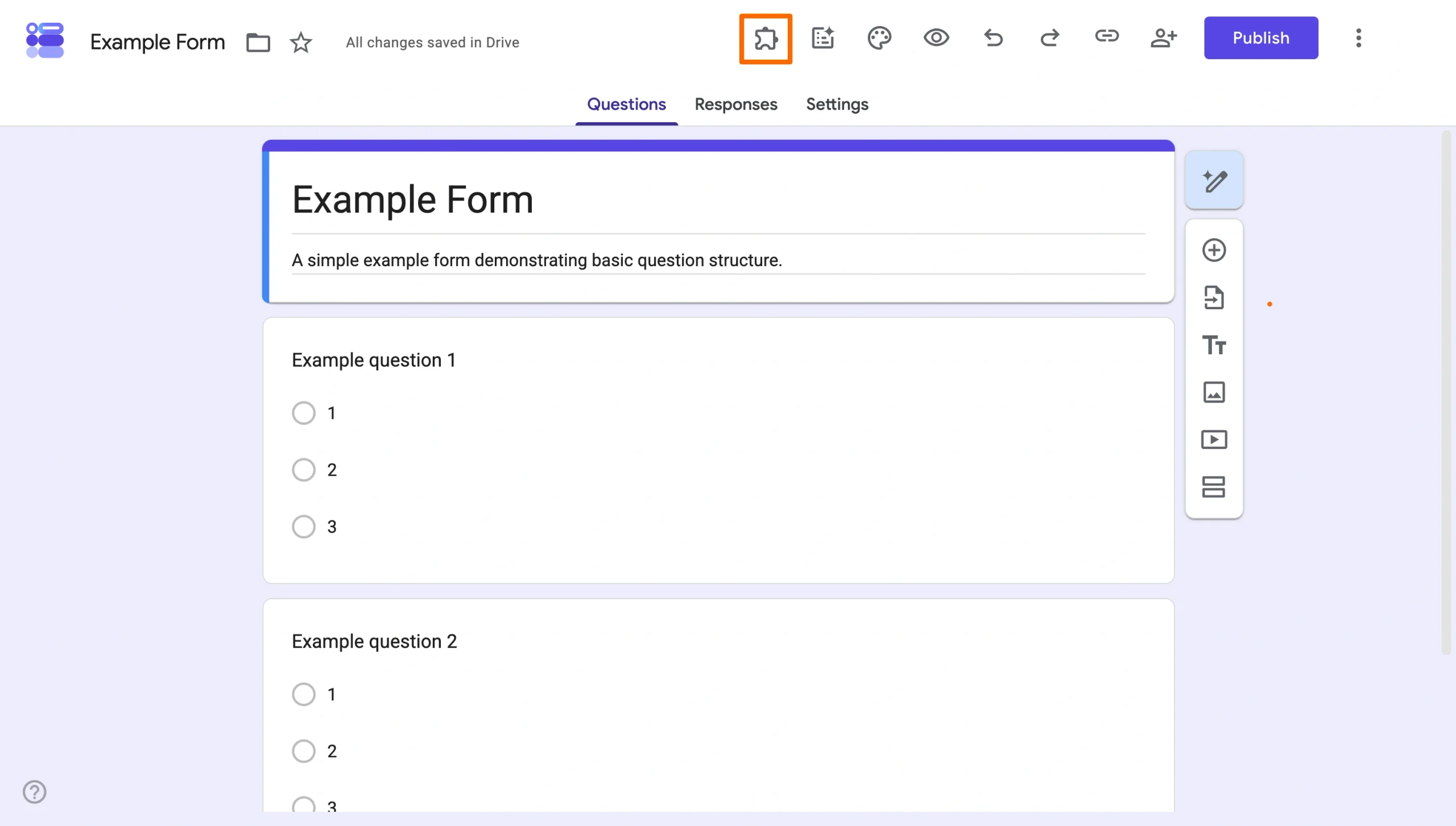 Clicking on the puzzle piece icon on Google Forms