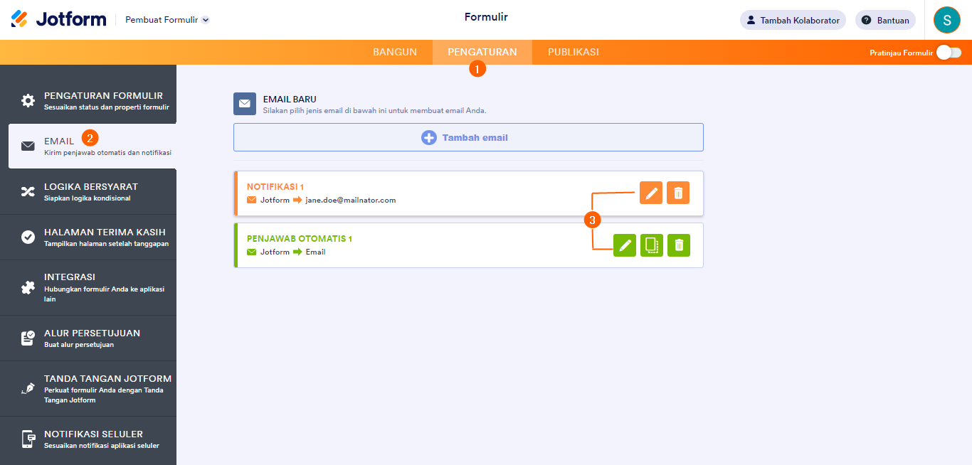 Edit peringatan email pembangun formulir