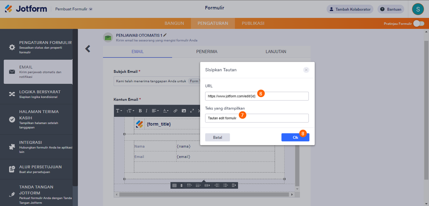 Jendela sisipkan tautan penjawab otomatis pembangun formulir