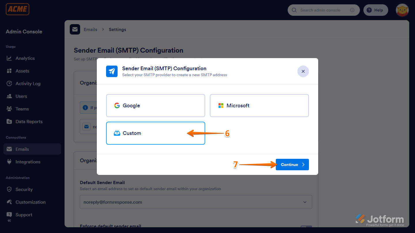 Custom SMTP option in the Emails section of the Admin Console in the Jotform Enterprise Server