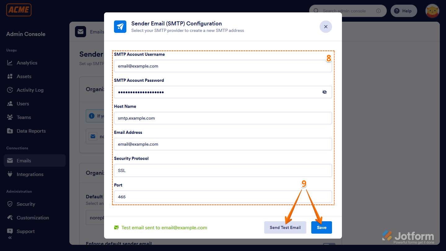 Custom SMTP configuration in the Emails section of the Admin Console in the Jotform Enterprise Server