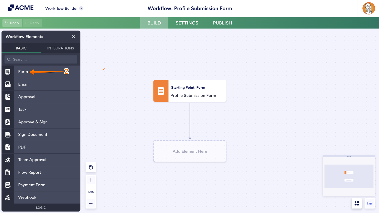 Selecting Form element from the Workflow Elements menu in Workflow Builder to add it to the workflow
