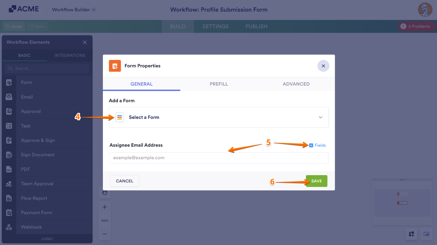 Selecting a follow-up form and entering an assignee’s email address in the Workflow Builder settings dialog