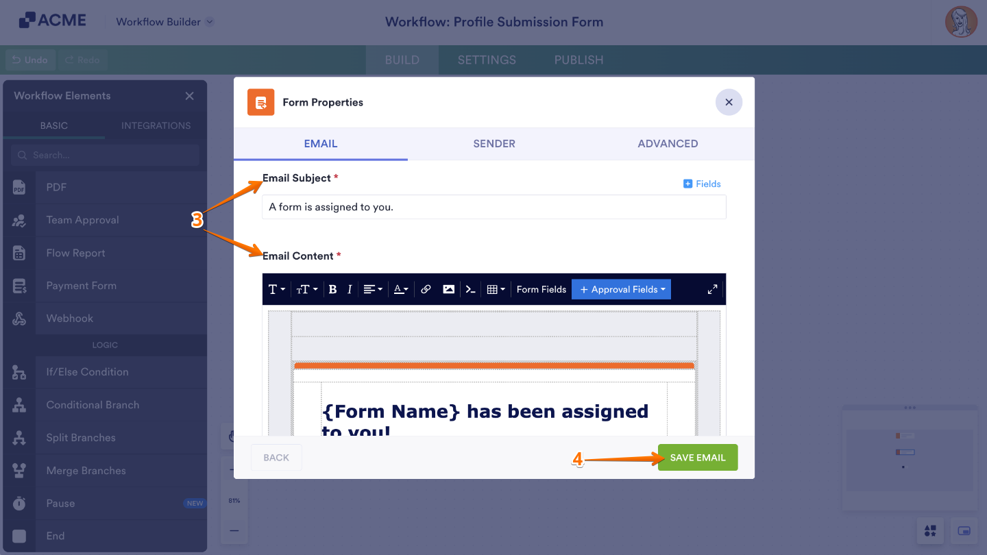 Customizing the Email Subject and Email Content fields under the Email tab in Workflow Builder